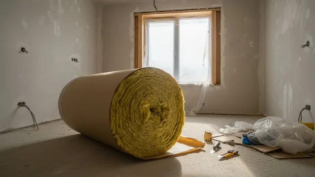 Rol glaswol met zichtbare vezelstructuur